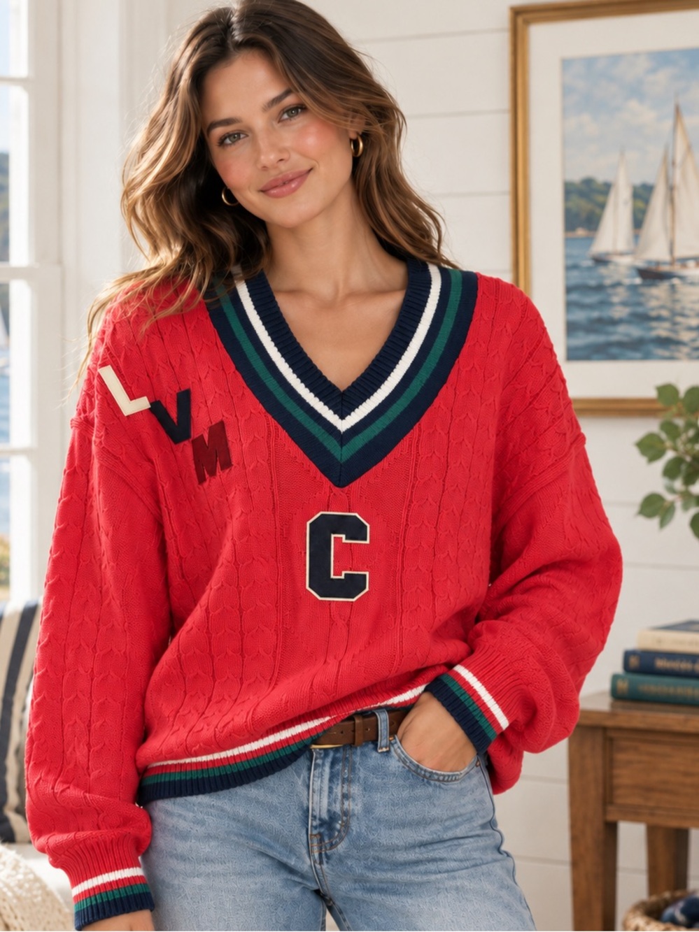 Vintage Cape Isle Knitters USA Cotton Varsity Letter Sweater L 80s 90s heritage